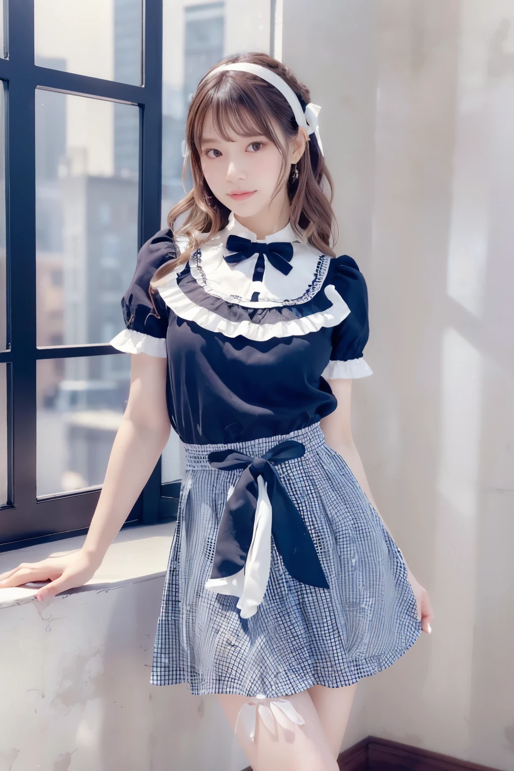 (indoor), (Window), (masterpiece), (最high quality), (Very detailedな), (Best Shadow), (photoRealistic:1.4), Frilled blouse, skirt, white ankle socks, high quality, masterpiece, Very detailedな, High resolution, 4K, 超High resolution, Detailed Shadows, Ultra-realistic, Dramatic lighting, One Girl, alone, Detailed face, Realistic eyes, Realistic Skin, Dynamic Hair, Dynamic pose, Dynamic Angle, White floral dress, White Background, Urzan-6500-v1.1, (RAW Photos:1.2), ( Realistic:1.4), Beautiful detailed girl, Very detailed eyes and face, Beautiful attention to detail, Ridiculous, incredibly Ridiculous, Large file size, Very detailedな, High resolution, Very detailed, 最high quality, (Bright interior), (Soft Light), (Low contrast), (Shallow depth of field), (portrait of a beautiful woman illuminated by gentle light), (Very delicate and elegant depiction), (Short bangs), (Hair color is dark chestnut with a slight brown tinge), (Hair with subtle and gentle waves), (Decorated with thin ribbons), ( White blouse with small frills), (bow tie), (青いロングskirt), (White short ankle socks), shape, Very detailed, CG, Unified, 8k wallpaper, wonderful, Finer details, 最high quality, Very detailed CG Unified 8k wallpaper, Face Light, Cinema Lighting,