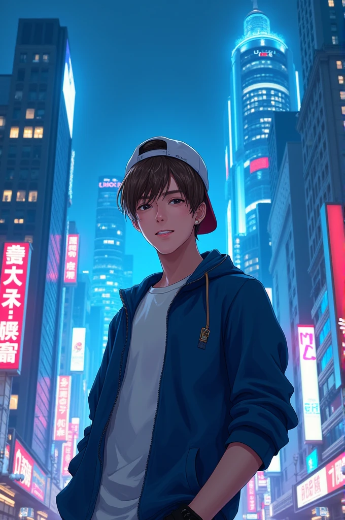 create an image of a Japanese man with light brown hair, with straight bangs, Jovial appearance, light skin tone, eyes black. standing showing the whole body, wearing a backwards cap on a background of Tokyo buildings with neon blue colors