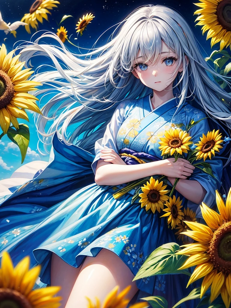 The composition of fictional characters, Dress with young blue flowers, surrounded by sunflowers, the protagonist, With eyes open, your hair blown by the wind, e o sol cura, monochrome close-up painting, cute, dreamers, oil painting style, acrylic paint,, Japanese, interesting concept, Interesting design - AR 3:4 - with 20 - more than 5