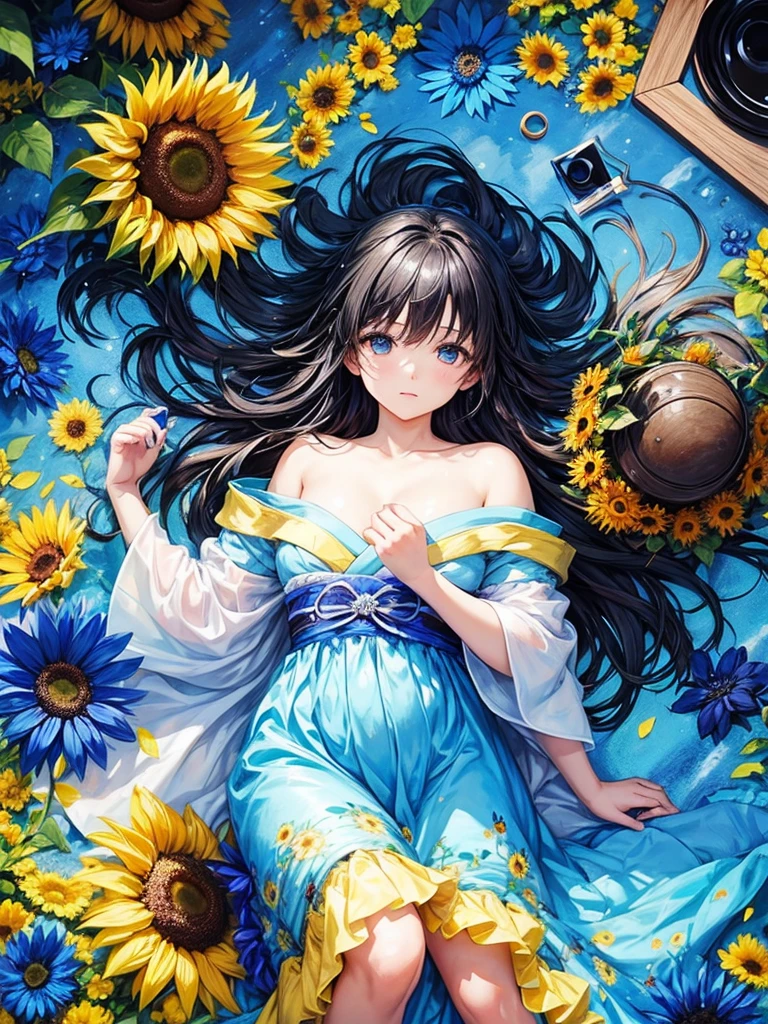 The composition of fictional characters, Dress with young blue flowers, surrounded by sunflowers, the protagonist, With eyes open, your hair blown by the wind, e o sol cura, monochrome close-up painting, cute, dreamers, oil painting style, acrylic paint,, Japanese, interesting concept, Interesting design - AR 3:4 - with 20 - more than 5  