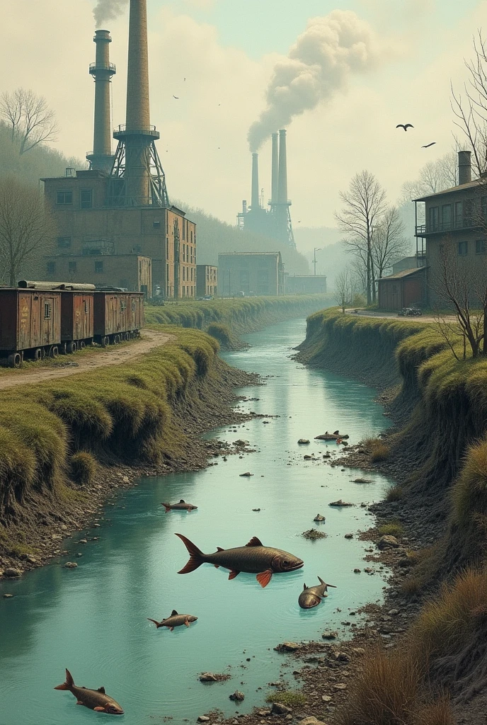 Create a drawing of a polluted river