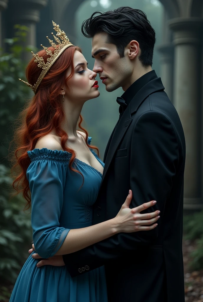 A cover for a dark romance book about vampires and humans ,the girl is human, redhead, brunette,  fat and the boy is a very pale vampire,high,black hair, messy hair and dark eyes,with more mature features and a pronounced jaw, They have approximately the appearance of 17 year olds/21 años
Ella viste de un vestido sencillo color azúl marino y el viste completamente de negro muy elegante 
Ambos usan coronas 
El es muy high y ella más bajita
