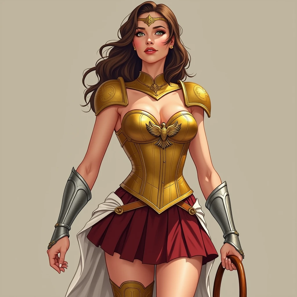 Illustration of a woman with a slender and elegant figure that fits perfectly into the golden corset that enhances her curvy silhouette, highlighting her toned torso. the corset, adorned with the iconic eagle emblem, accentuates his firm and confident posture, Merging her natural grace with the imposing presence of a warrior, leaving her breasts exposed.
Elizabeth's light brown hair falls softly over her shoulders, contrasting with the golden and red tones of the armor. Silver bracelets cover her forearms, reflecting the light and symbolizing both her strength and determination. his eyes, of a deep green or blue color, They shine with a mixture of sweetness and resolution, adding a new dimension to the powerful image.
The short skirt of dark red armor plates hugs her hips, allowing you to move with ease and grace and without panties, while the golden belt he wears secures the lasso of truth at his side, ready to use at any time. The high boots, Also a deep red and reinforced with gold details, They enhance your height and give you an even more imposing appearance.