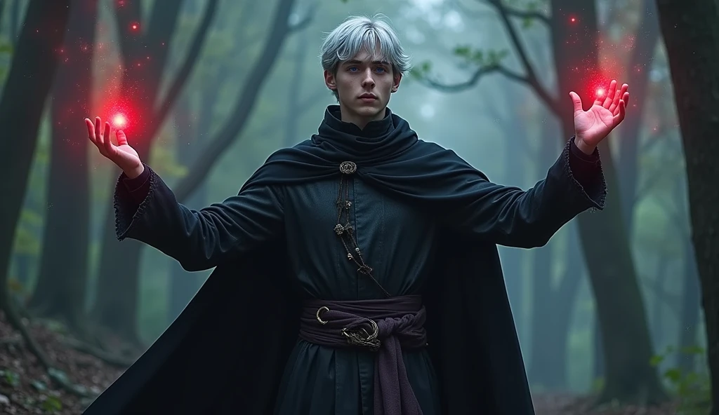 dark lord, a teenager medieval half-elf boy with silver short hair and purple eyes, Dark wizard, A boy wearing a black long cloak, misty mountains, a red crystal ring in his hand, The One Gold Ring