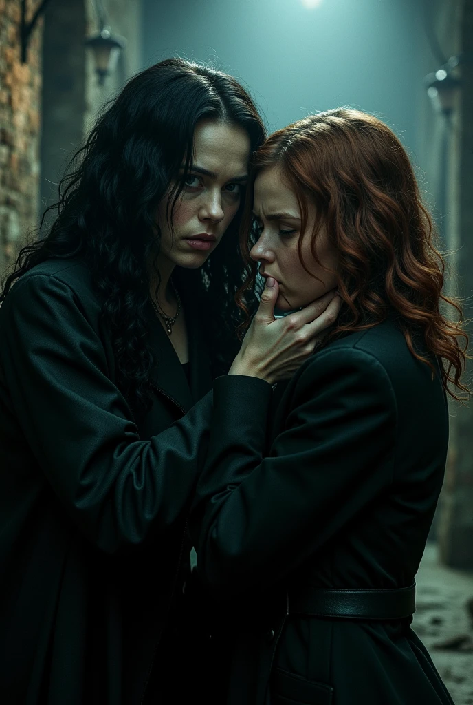 Bellatrix Lestrange is beautiful like in Harry Potter movie holds Hermione Granger by throat and she’s looks furious, Hermione is scared