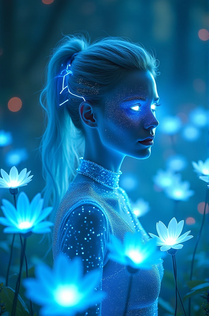 A futuristic, otherworldly woman with luminous, neon blue features. Her eyes and hair emit a radiant glow, blending seamlessly with the surrounding environment. The scene is set in an enchanted digital forest, where holographic plants and flowers pulse with a soft, ethereal light. Her skin is slightly reflective, with shimmering patterns that mimic the constellations. She stands gracefully among the glowing flora, her expression calm and inquisitive, embodying the mystique of a cybernetic fairy in a surreal, neon-lit landscape."