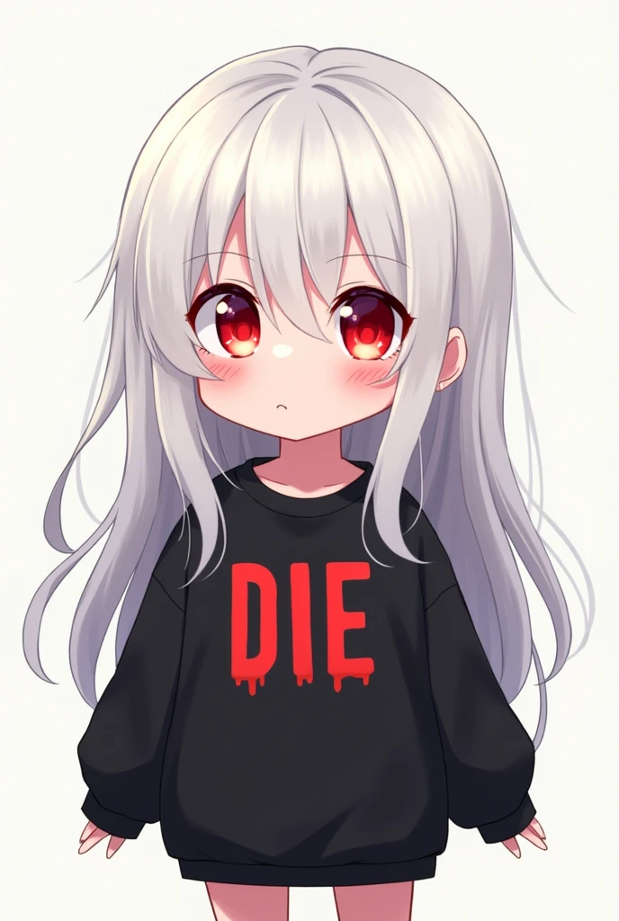 Chibi anime girl with long white hair and red eyes wearing a black sweatshirt with red letters that say DIE