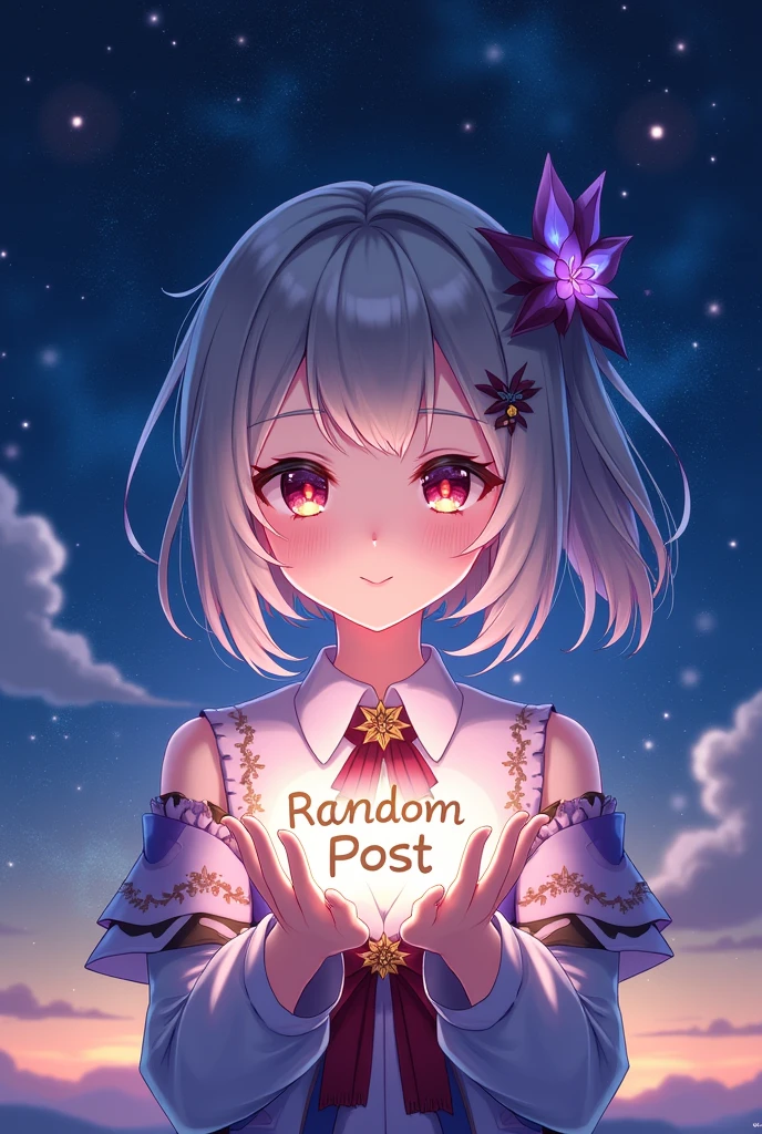 Make a 700 x 700 image with a star and sky setting with anime and a genshin impact style anime girl holding the text Random Post, do it like an advertising poster 