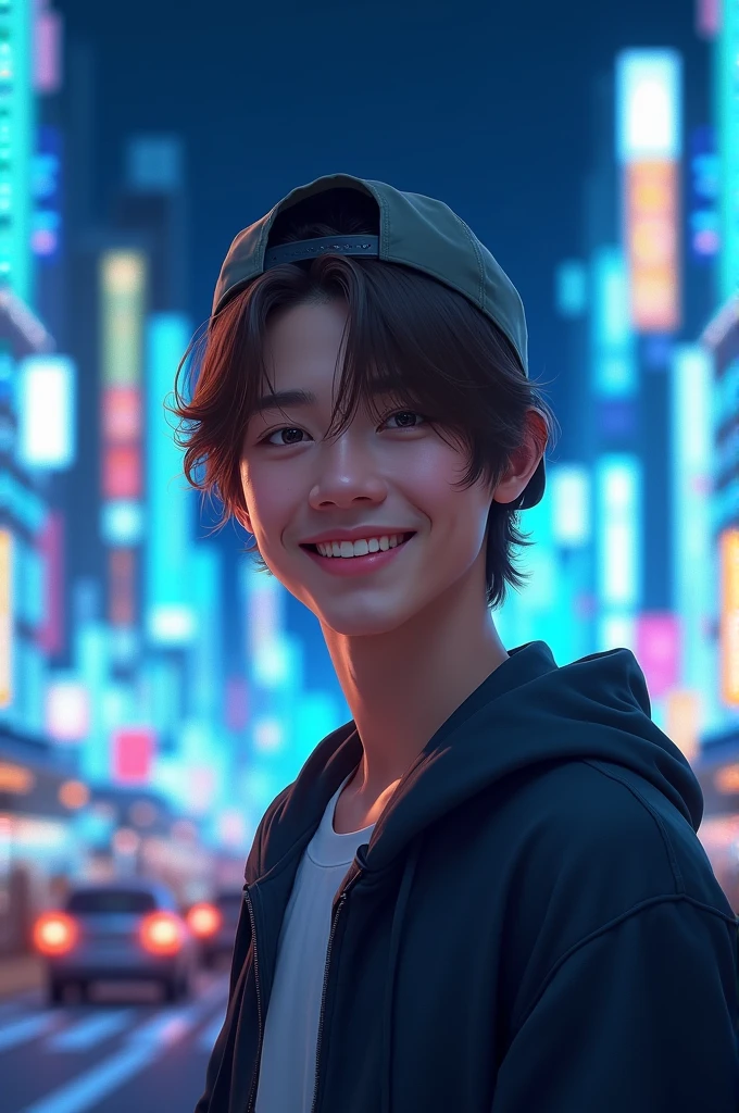 create a realistic image of a Japanese man with light brown hair, with straight bangs, Jovial appearance, light skin tone, eyes black. standing showing the whole body, wearing a backwards cap on a background of Tokyo buildings with neon blue colors