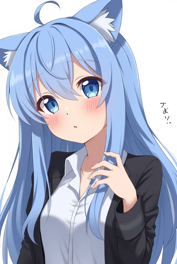 One girl, Animal ears, blue eyes, Long Hair, Blue Hair, Long sleeve, bangs, Cat ear, Upper Body, Focus Only, hair ornaments, Sleeves are longer than the wrist, blush, White Background, collared shirt, Simple Background, shirt, View your viewers, Jacket, black Jacket, One side up, Hair between the eyes, Slope, ;3, Slope background, Blue background, Oral sex,Blowjob,nsfw,Sperm on face,Open your mouth,saliva,In heat,Porn,Licking the penis,Sexual expressions,Ecstatic,Lewd expression,Sexy cumshot