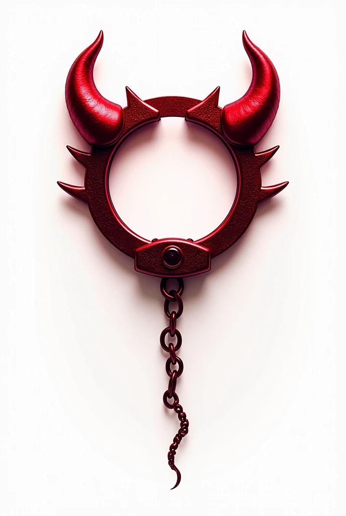(logo design) sexy evil logo, a sexual striking red handcuff, adorned with demon horns and a sinuous chain tail extending from the base, dynamic and bold, emphasizing a dark theme, glossy finish, high-resolution, creating an impression of sexuality and power. White background. 