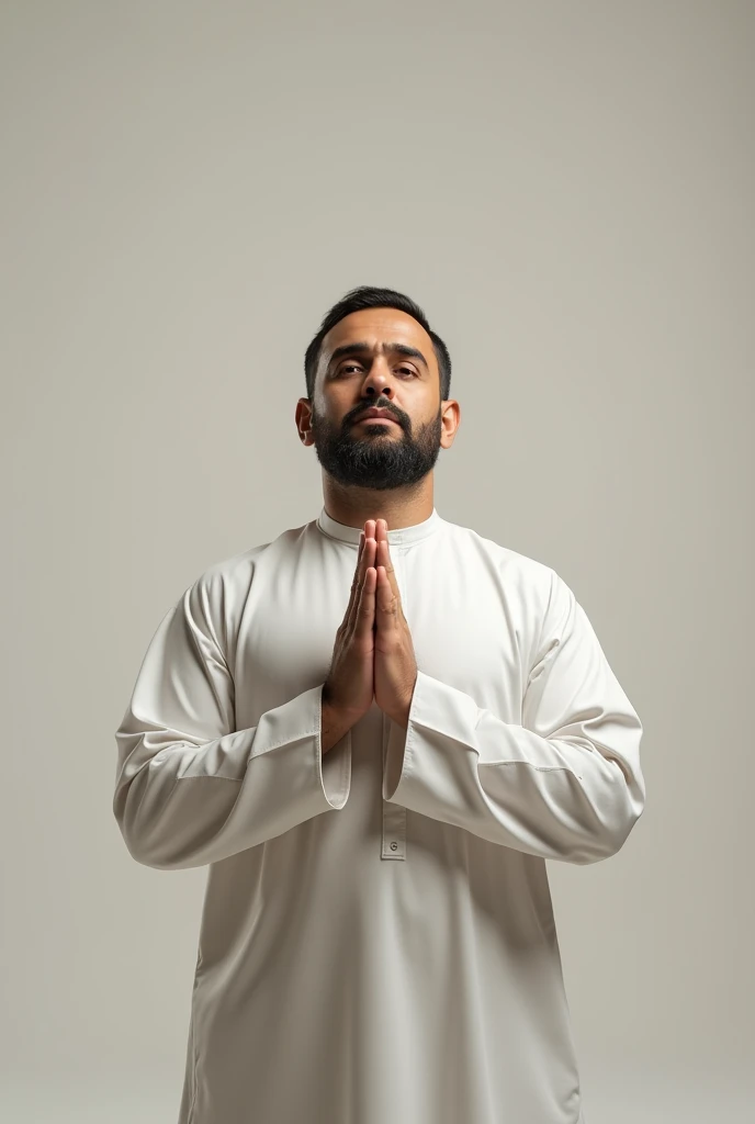 beard muslim man,raise both his palm hands up to the level of his shoulders,palm show to the camera angle