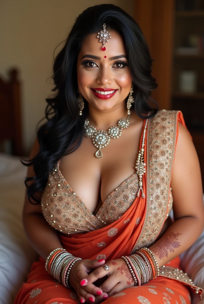 Big lips ,FULL BODY PICTURE, in MEHANDI HENNA TATTOO ON BOTH HANDS, Indian bride underarms, SHOWING HER ARMPITS, BBW ,In Veil , Wet curvy, busty Desi Mommy in BIKINI and showing her big showing cleavage inside BIKINI sleeveless blouse and Nose Ring, many bangles in both hands,Earings, Necklace ,Lipstick ,Navel,Indian, Chubby, showing her curves , sitting on the bed,