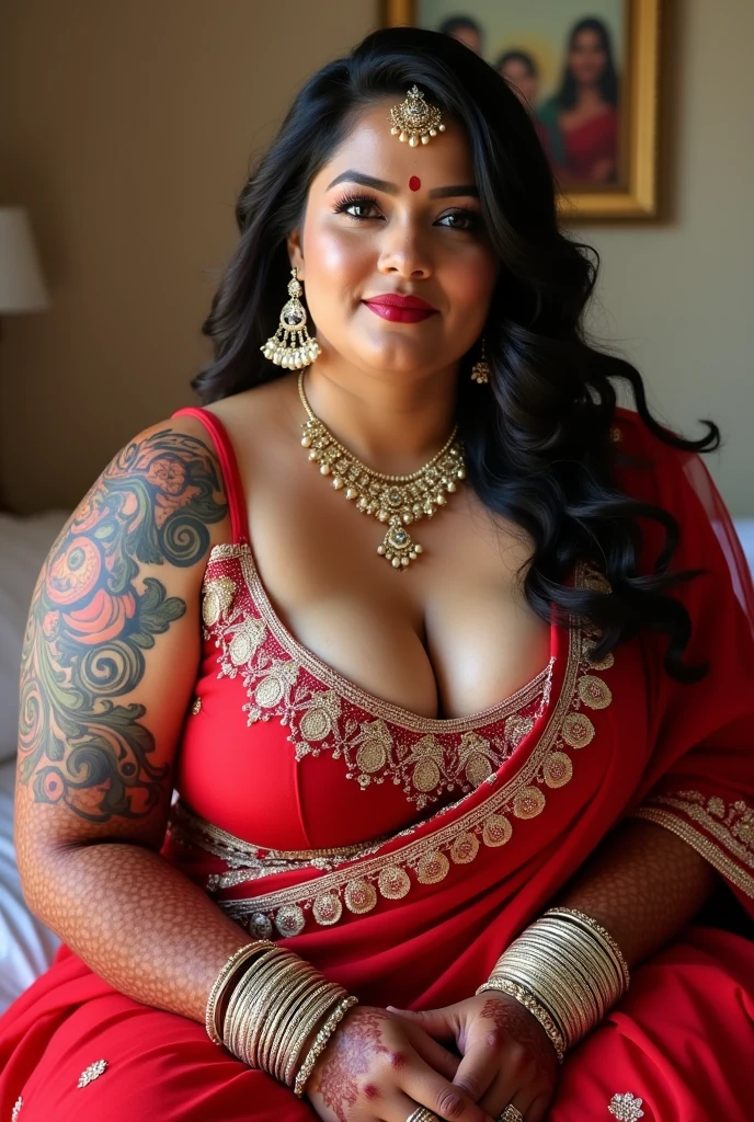 FULL BODY PICTURE, in MEHANDI HENNA TATTOO ON BOTH HANDS, Indian bride underarms, SHOWING HER ARMPITS, BBW ,In Veil , Wet curvy, busty Desi Mommy in BIKINI and showing her big showing cleavage inside BIKINI sleeveless blouse and Nose Ring, many bangles in both hands,Earings, Necklace ,Lipstick ,Navel,Indian, Chubby, showing her curves , sitting on the bed,