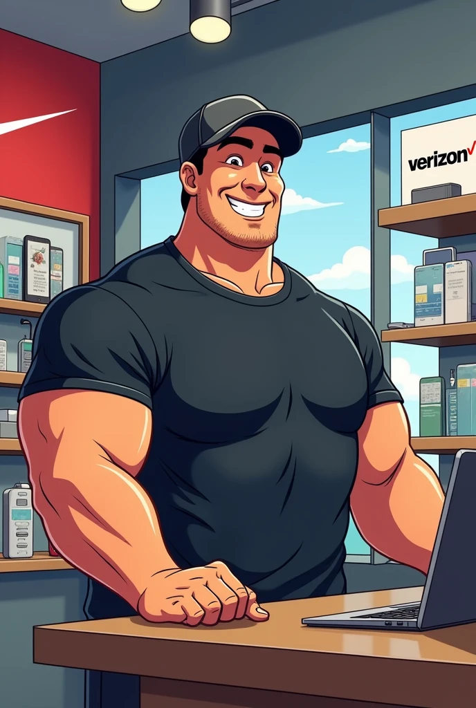 A muscular guy in a cap and black t-shirt working at a phone store called Verizon in a cartoon 