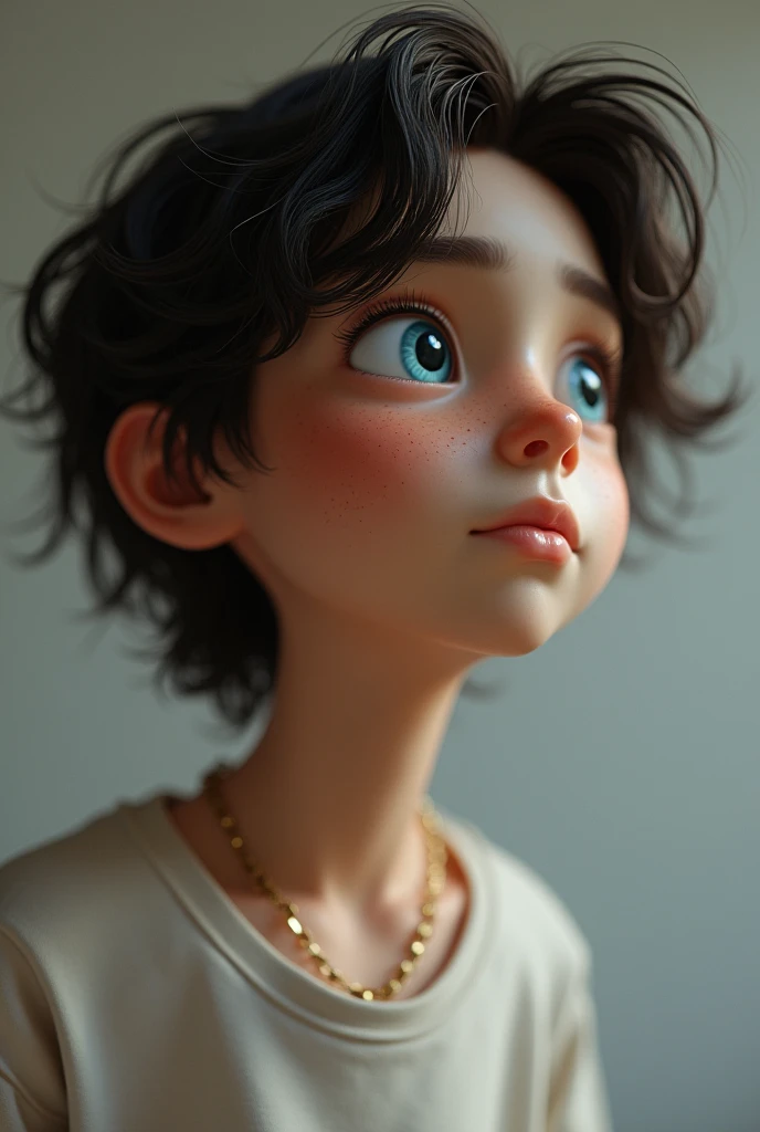 A thin 5"4 20 years old boy with long wavy dark brown hair and blue eyes, and freeckles too