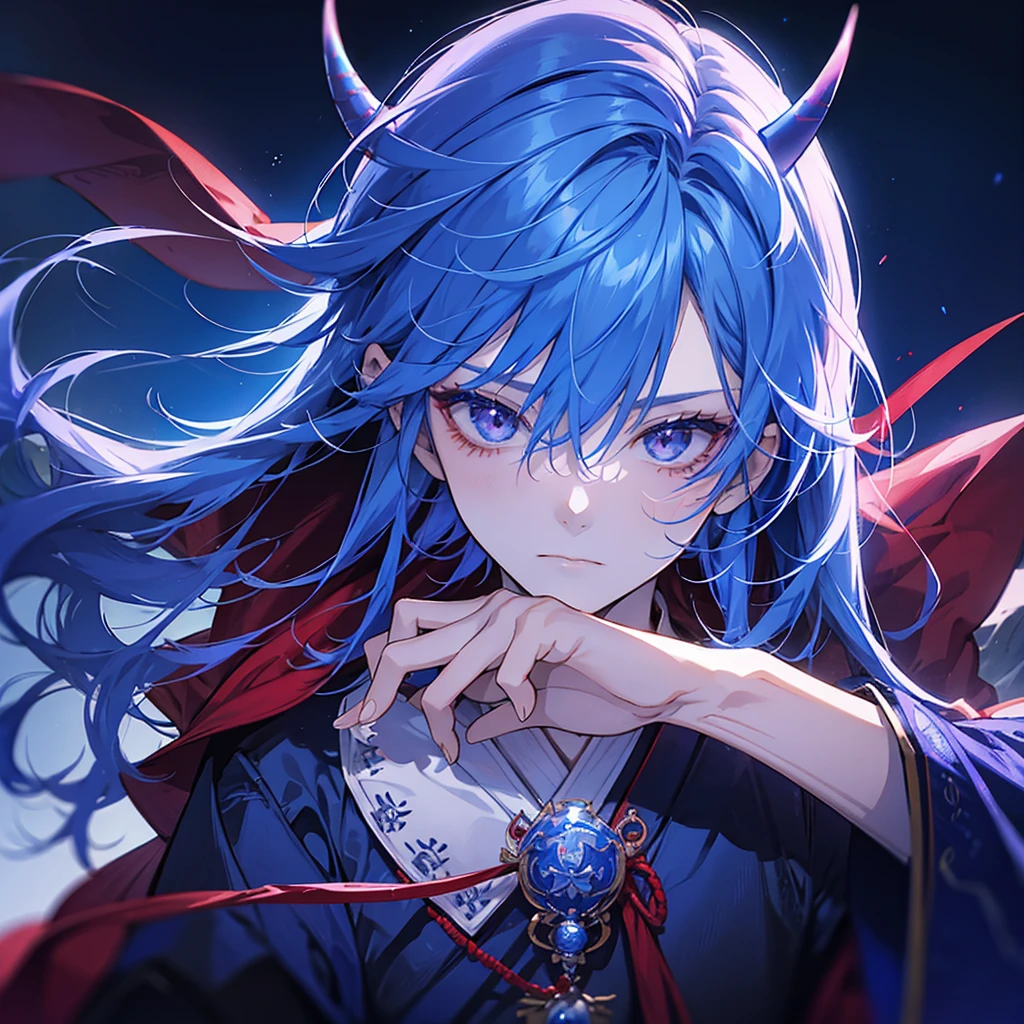 Man, handsome, refreshing, blue hair, red demon-like horns, gentle eyes, blue kimono, one purple hair, horns as head decoration, wolf cut, horns, silver necklace