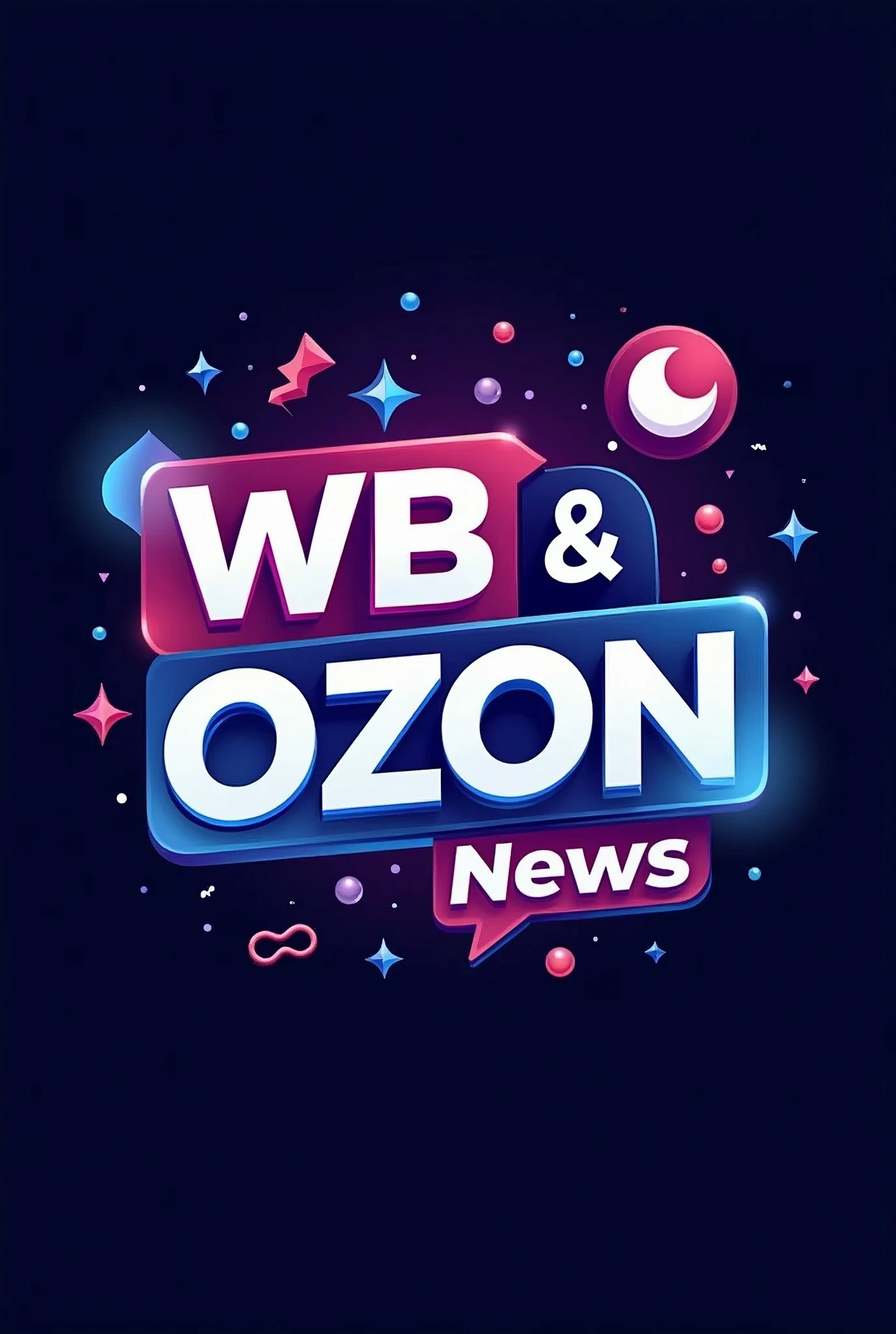 A dynamic and eye-catching logo for a Telegram channel with news about Wildberries and Ozon marketplaces. The logo should be easily readable and incorporate elements associated with news and information, such as a lightning bolt, a notification bell, or a magnifying glass. Use a color scheme that combines the brand colors of Wildberries (purple) and Ozon (blue). The channel name is "WB & OZON News". --ar 1:1