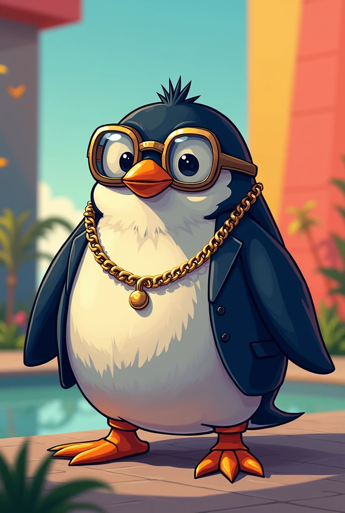 Penguin wearing pixel googles and gold chain and suit cartoonish