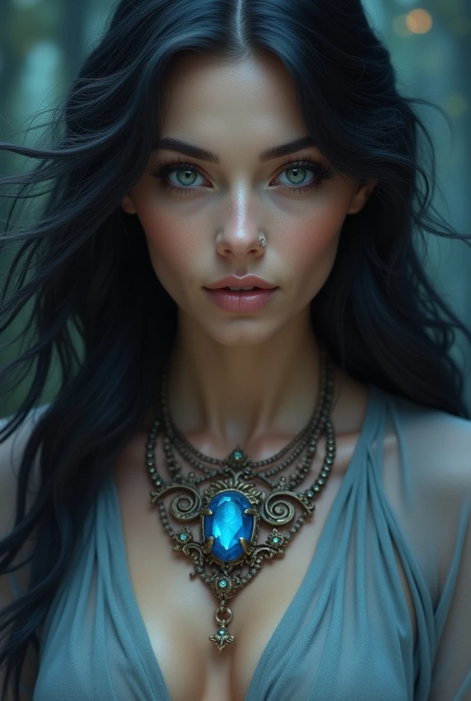 an alluring woman with captivating eyes and flowing dark hair, dressed in a mystical robe or elegant attire Blue gemstone within intricate metal framework hanging from a necklace around her neck