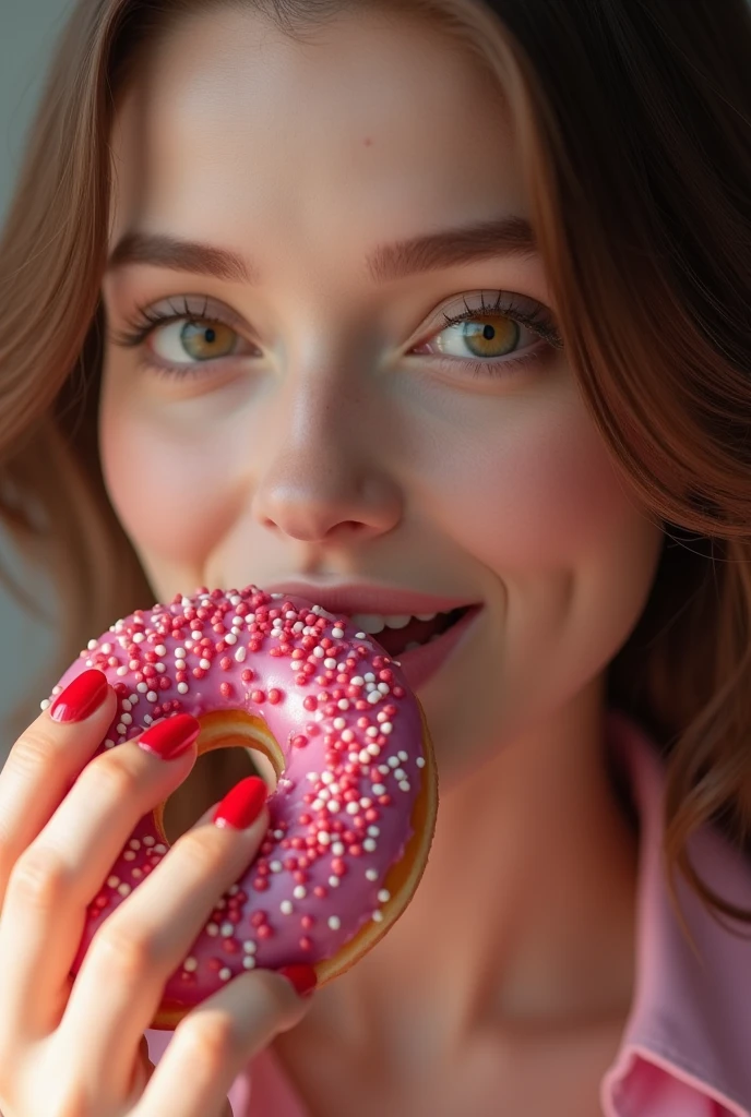 a stylish girl eating a donut, beautiful detailed eyes, beautiful detailed lips, extremely detailed face, long eyelashes, intricate donut texture, glossy donut surface, vibrant berry colors, natural lighting, photorealistic, 8k, (best quality:1.2), hyper detailed, (realistic:1.37), elegant, chic, modern, berry cute, studio lighting, cinematic
