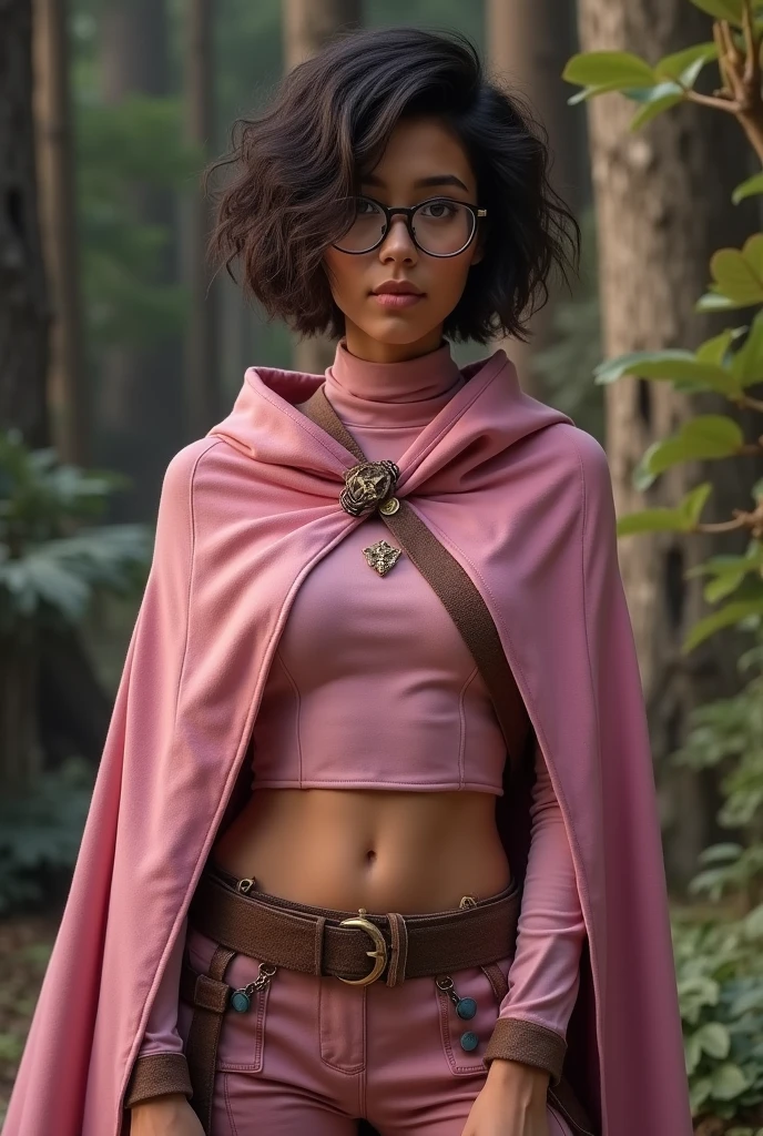 Close-up of a Solo, female, pink turtleneck tunic, cloak, fantasy outfit, fantasy village, short hair, wavy hair, messy hair, ((dark tan skin)), glasses, cleric, cropped jacket, athletic, slightmuscle, slightly muscular, pants, abs, wide abdomen