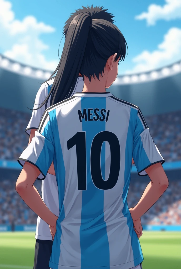 A girl showing her jersey to the audience, put name EMU and jersey number 10. Jersey should be argentina football team.also put argentina logo. Boy should show the backpart.not face.not human anime type.22 years old boy anime..black hair. .show it on stadium.in front of fans..like lionel messi style