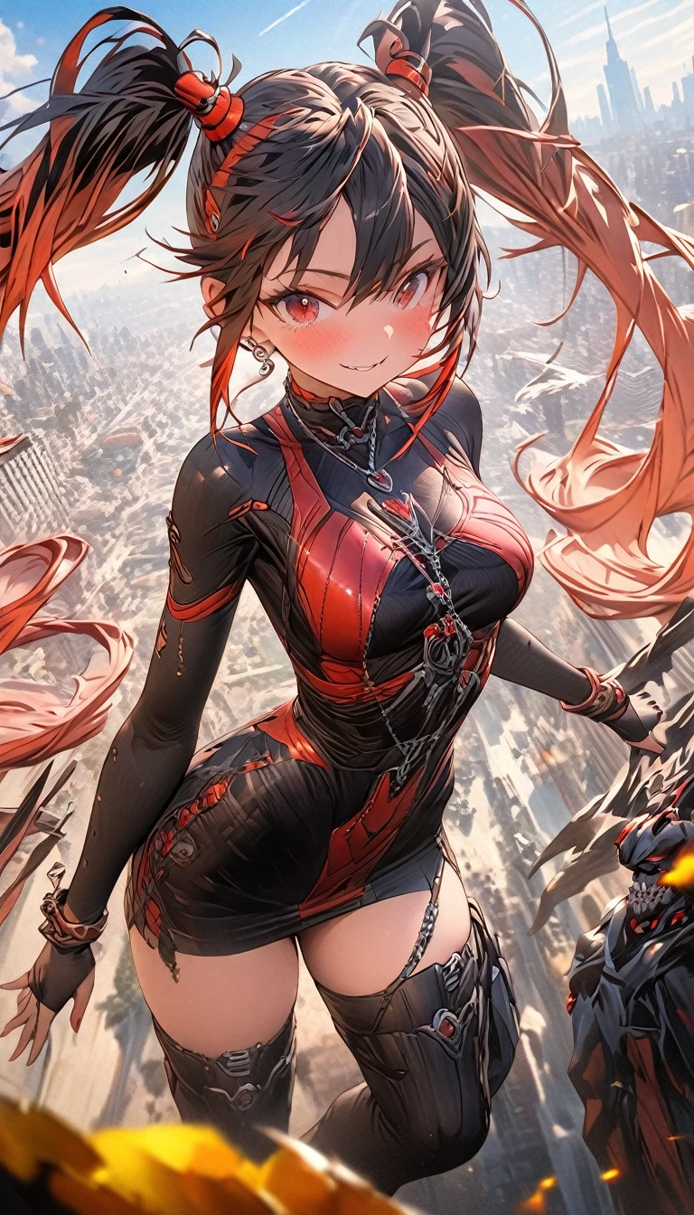 舌、masterpiece, best quality, extremely detailed CG unity 8k wallpaper, A gal with twin tails. Unusual fashion. The background is a cityscape lined with buildings. Octane rendering style. 2.5D art.