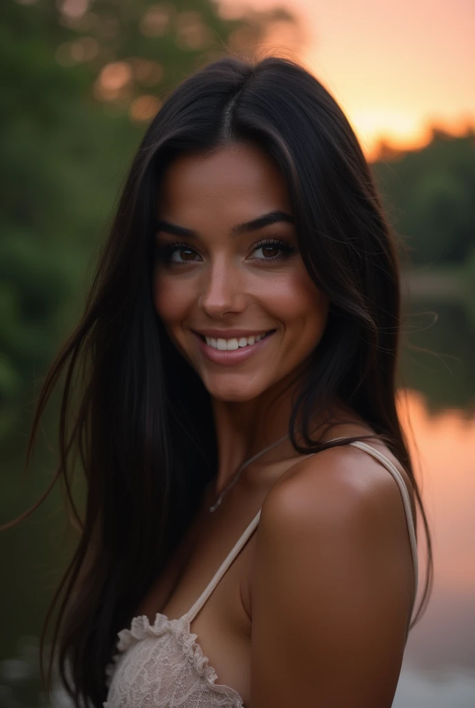 (High resolution:1.2),portrait,Latina Woman, 30 years,Long hair, straight and black,hazel eyes,smiling,In his bedroom,Soft lighting,serene atmosphere,nature,majestic trees,subtle breeze,lush vegetation,Calm water surface,night sky with warm orange and pink tones,peaceful reflection on the lake, nude, elegant movement,happy expression,Delicate details on facial features,fine strands of hair gently swaying,soft caress of sunlight on your skin,harmonious composition of nature and beauty, small breasts