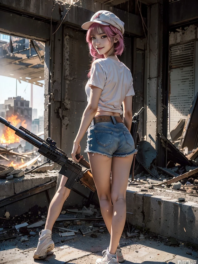 (Top quality,ultra HD,lifelike: 1.4)(Cowboy Shooter 1),Beautiful armed girl, (K-Pop Idol) ,Detailed face,opposition,Perfect anatomy,Smooth skin,Professional lighting, ((Wearing a white T-shirt,Pink cap,Denim shorts,Short hair girl,High-tech headphones,),Victory in battle,Back to the audience,Back to the audience,Look back,Smile of victory(background,Destroyed buildings,Fire, (Huge explosion) ) ,Full body close-up, (Holding weapon, Holding rifle, Purposeing, Purpose:1.2), gun, H&k hk416, Stable gun, Fire