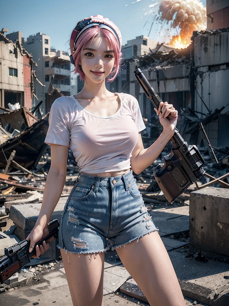 (Top quality，ultra HD，lifelike: 1.4)(Cowboy Shooter 1)，Beautiful armed girl， (K-Pop Idol) ，Detailed face，opposition，Perfect anatomy，Smooth skin，Professional lighting， ((Wearing a white T-shirt，Pink cap，Denim shorts，Short hair girl，High-tech headphones,)，Victory in battle，Back to the audience，Back to the audience，Look back，Smile of victory(background，Destroyed buildings，Fire， (Huge explosion) ) ,Full body close-up， (Holding weapon, Holding rifle, Purposeing, Purpose:1.2), gun, H&k hk416, Stable gun, Fire