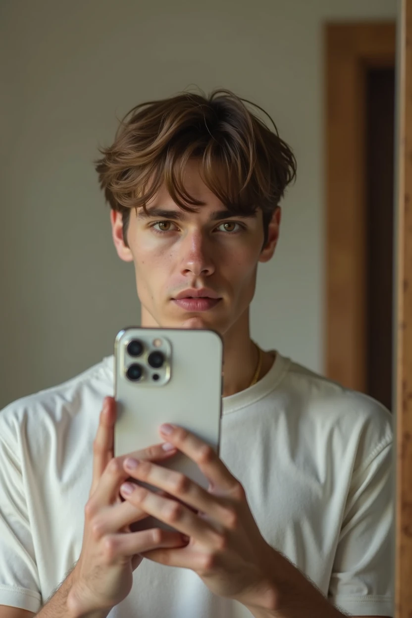 Photograph in front of the mirror of a 22-year-old white-skinned young man, delgado, face in front of mirror with his white iPhone 10 in casual clothes in a neutral room with brown hair, straight , nothing wavy, no asian
