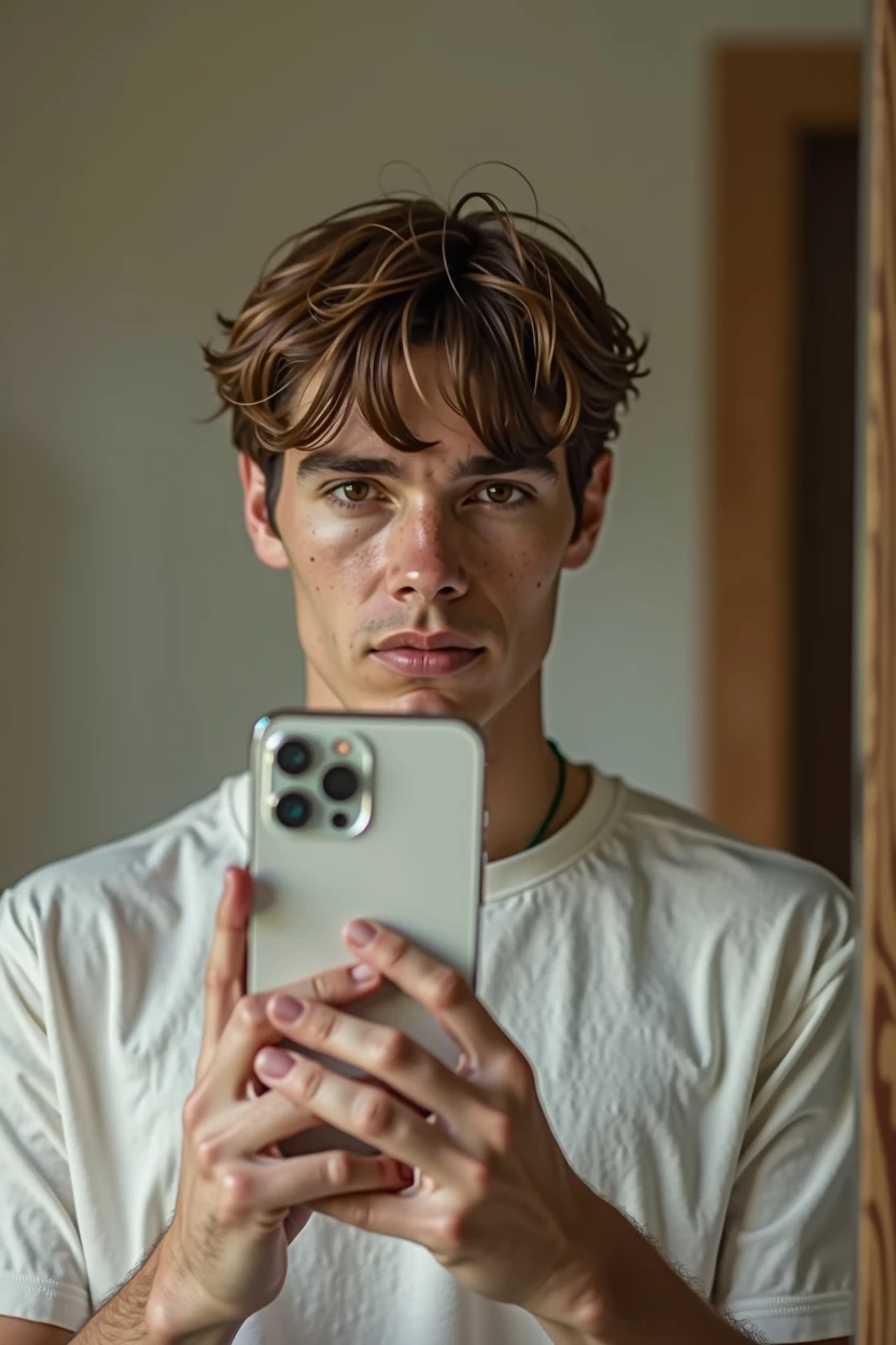 Photograph in front of the mirror of a 22-year-old white-skinned young man, delgado, face in front of mirror with his white iPhone 10 in casual clothes in a neutral room with brown hair, straight , nothing wavy, no asian