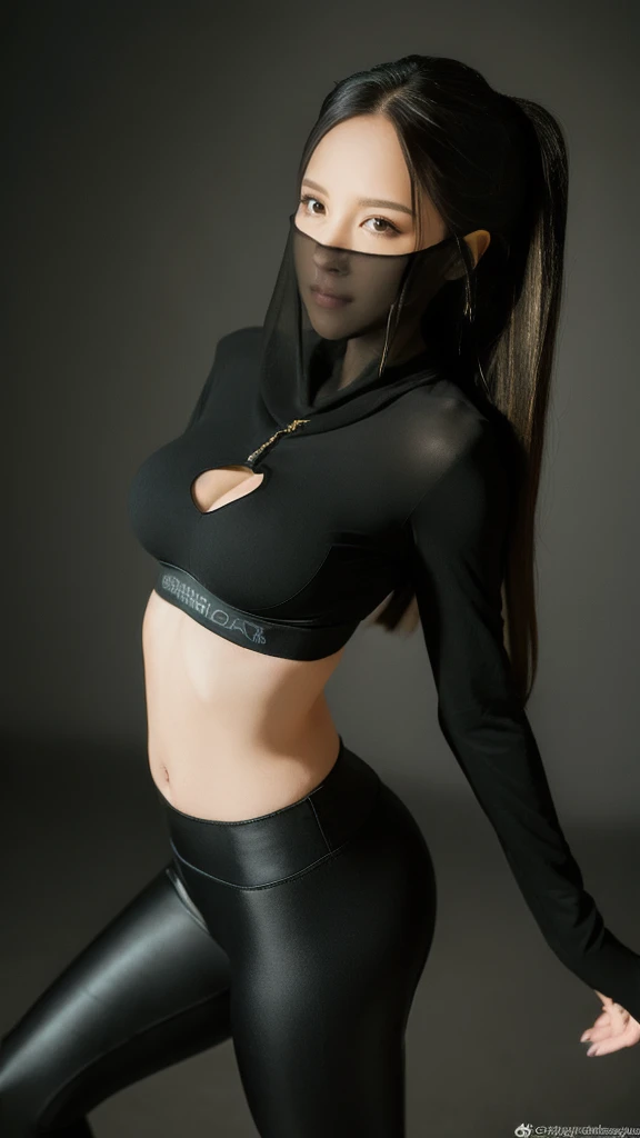 (lifelike, high - resolution:1.3),full body , 1 girl with a perfect body, Super fine face and eyes,slong hair, midriff of black colors:1.2, black shiny leggings,face veil, big boob,Expose cleavage, ninja pose.