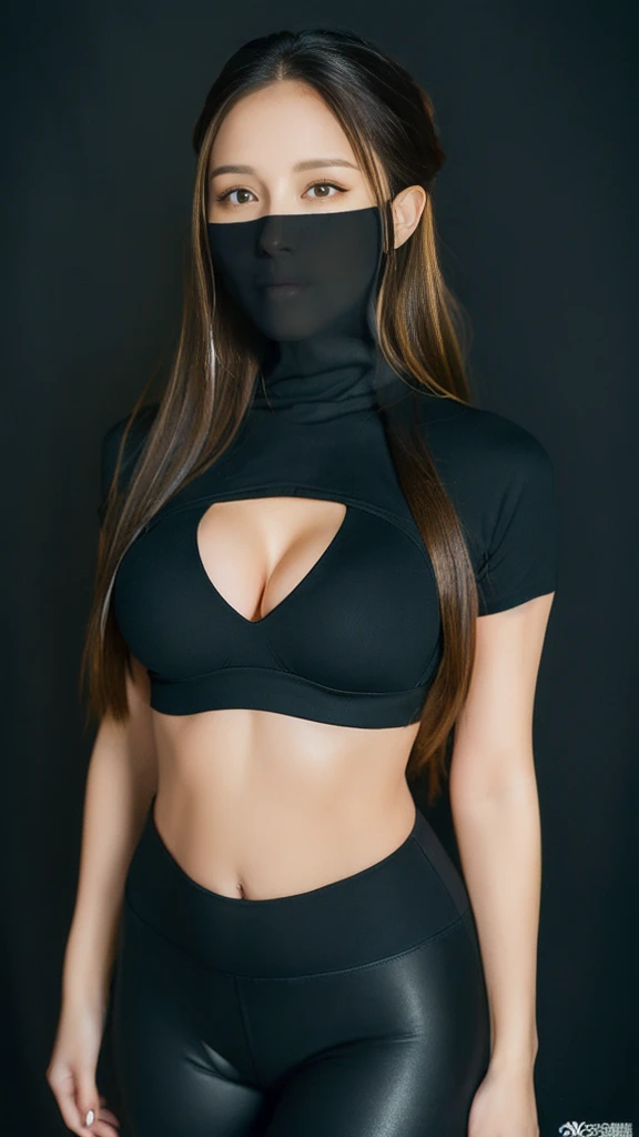 (lifelike, high - resolution:1.3),full body , 1 girl with a perfect body, Super fine face and eyes,slong hair, midriff of black colors:1.2, black shiny leggings,face veil, big boob,Expose cleavage, ninja pose.