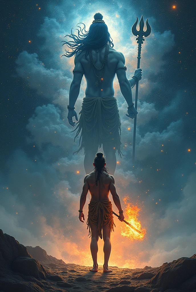 Create image of man that man is in space and standing at rough land in space and space filled with stars and from that starts make a lord shiva is with rudraksh mala wearing in neck and also snake structure in space, that man right hand is glowing with fire and that man left hand hold a trishul weapon and he wear a tiger skin from middle of the body to down of legs and in that image small particles like water,fire,air,dust and that man view is back of the body and lord shiva face should be visible and make a image the view is clear and image should be 9x16 size
