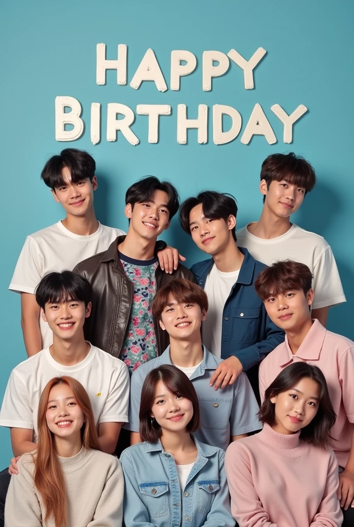 An image with all the members of the Korean group TXT with letters that say happy birthday 
