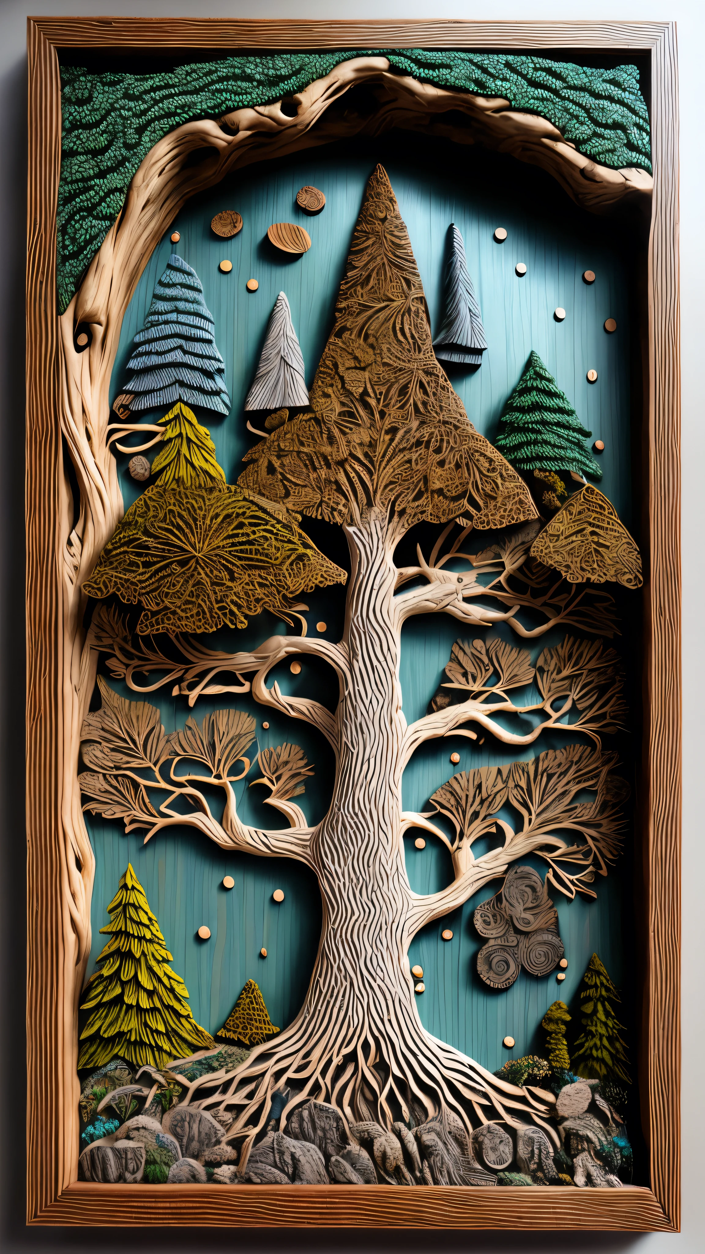punch needle style, wrapped around, textured, colorfully, ancient tree bark relief carving with intricate patterns of lichen and moss, placed inside a weathered wooden frame, rendered in photorealistic detail, surrounded by wisps of fog and subtle hints of moonlight, evoking a sense of mystical reverence, inspired by the works of environmental installation artists.