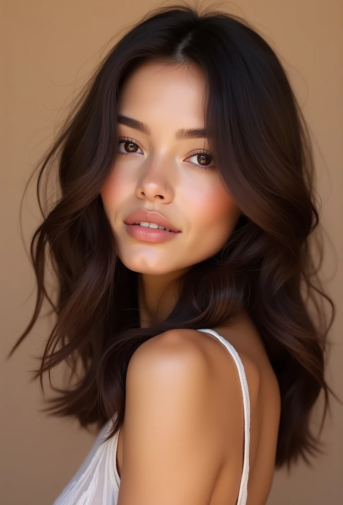 Loose wavy hair dark brown hair Beautiful woman Simple brown or beige background