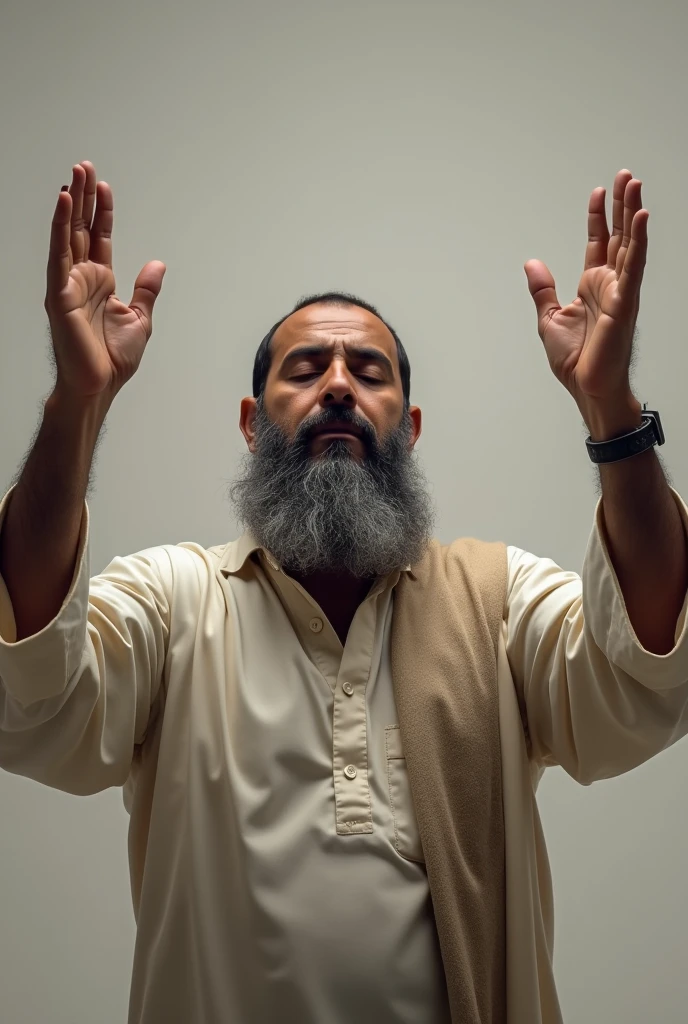 beard muslim man,raise both his palm hands up to the level of his shoulders