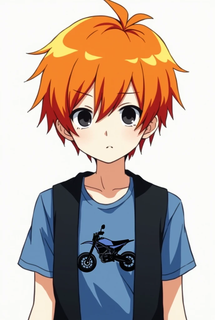 anime drawing type boy with orange hair, with dull yellow and almost wine-colored red strands, which gives it a very striking and vibrant look. His skin is pale white, which contrasts with the intense color of her hair.
He wears a blue short-sleeved shirt, with a drawing of a motorcycle in black, which suggests that he likes motorcycles or is passionate about speed. About the shirt, He wears a simple black vest, which gives it a touch of style and elegance.
His eyes are black and seem to have no expression., which gives it a mysterious and enigmatic air.