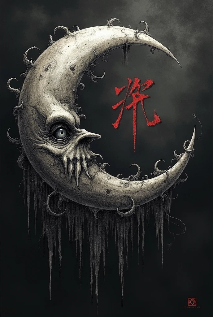 Horror style crescent moon with love kanji for tattoo