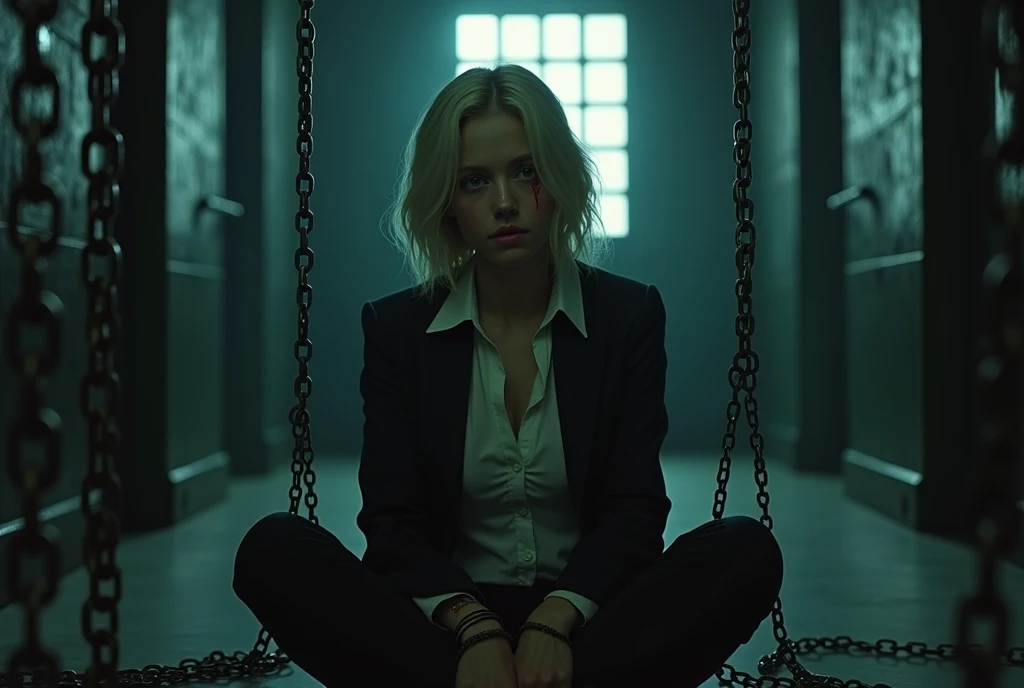 A mysterious film noir scene: a  girl with light blonde hair to her shoulders sits in a dimly lit prison cell, surrounded by chains hanging from the walls and floor. The girl's face is marred by blood, her eyes cast downward as she gazes at the chain wrapped around her wrists. A black suit, white shirt with an unbuttoned collar, and dark trousers accentuate her sorrowful expression. Deep Cleavage, large saggy breasts, Cinematic lighting highlights her delicate features, while bold shadows create a sense of drama. The chains' intricate details and the girl's formal attire evoke a sense of melancholy and confinement. (Deep Cleavage:1.4), (Massive Breasts:1.3), high detail, cinematic lighting, depth of field