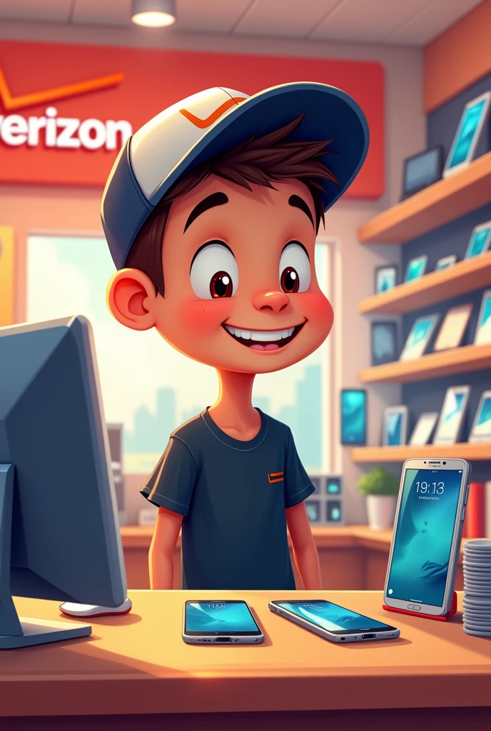 A boy with a cap and a black t-shirt working at a phone store called Verizon in a cartoon