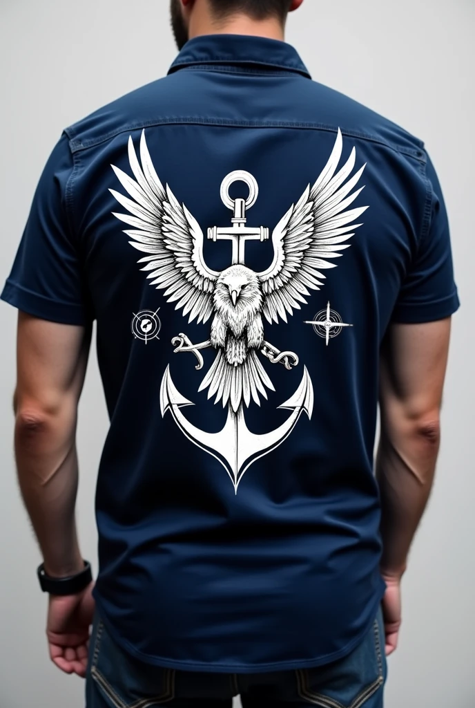 A short-sleeved, collarless navy blue shirt with a white eagle next to a white anchor and a white compass on the back punk