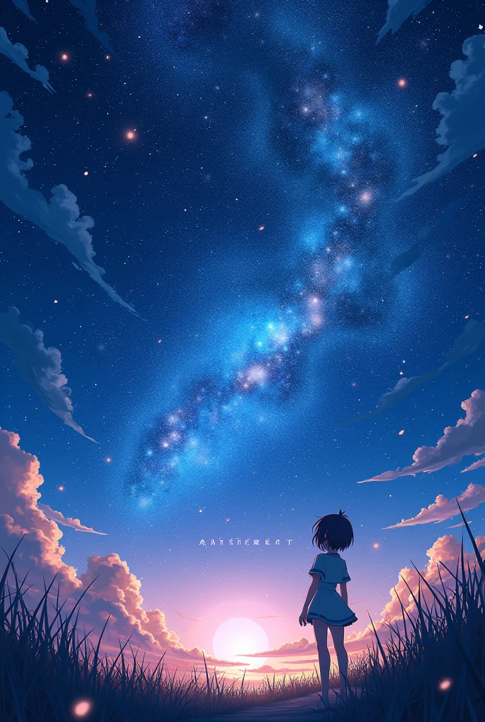 Make a 700 x 700 image with a star and sky setting with anime and the text Random Post, do it like an advertising poster 