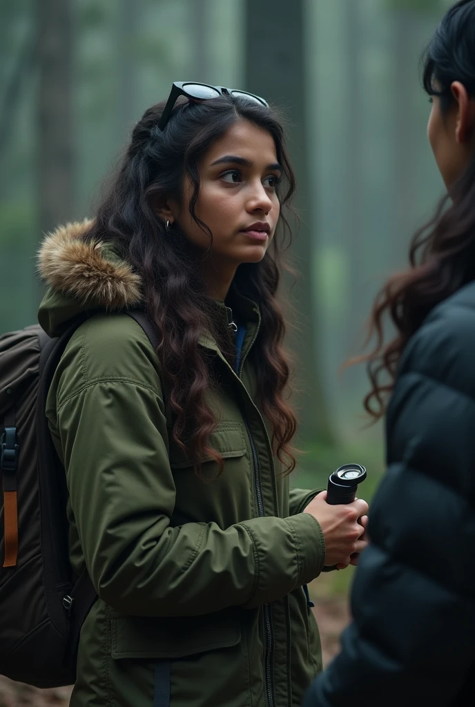 Reena discussing her plan with a close friend or family member, showing her determination. She packs essential items like a torch, compass, and water bottle. Her friend/family member warns her about the dangers, but she remains resolute.