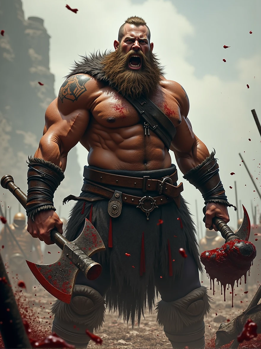 Muscular Viking Warrior, bearded, naked torso, wielding a bloody axe in one hand and the head of an enemy in the other. angry look, shouting victory, beard with blood