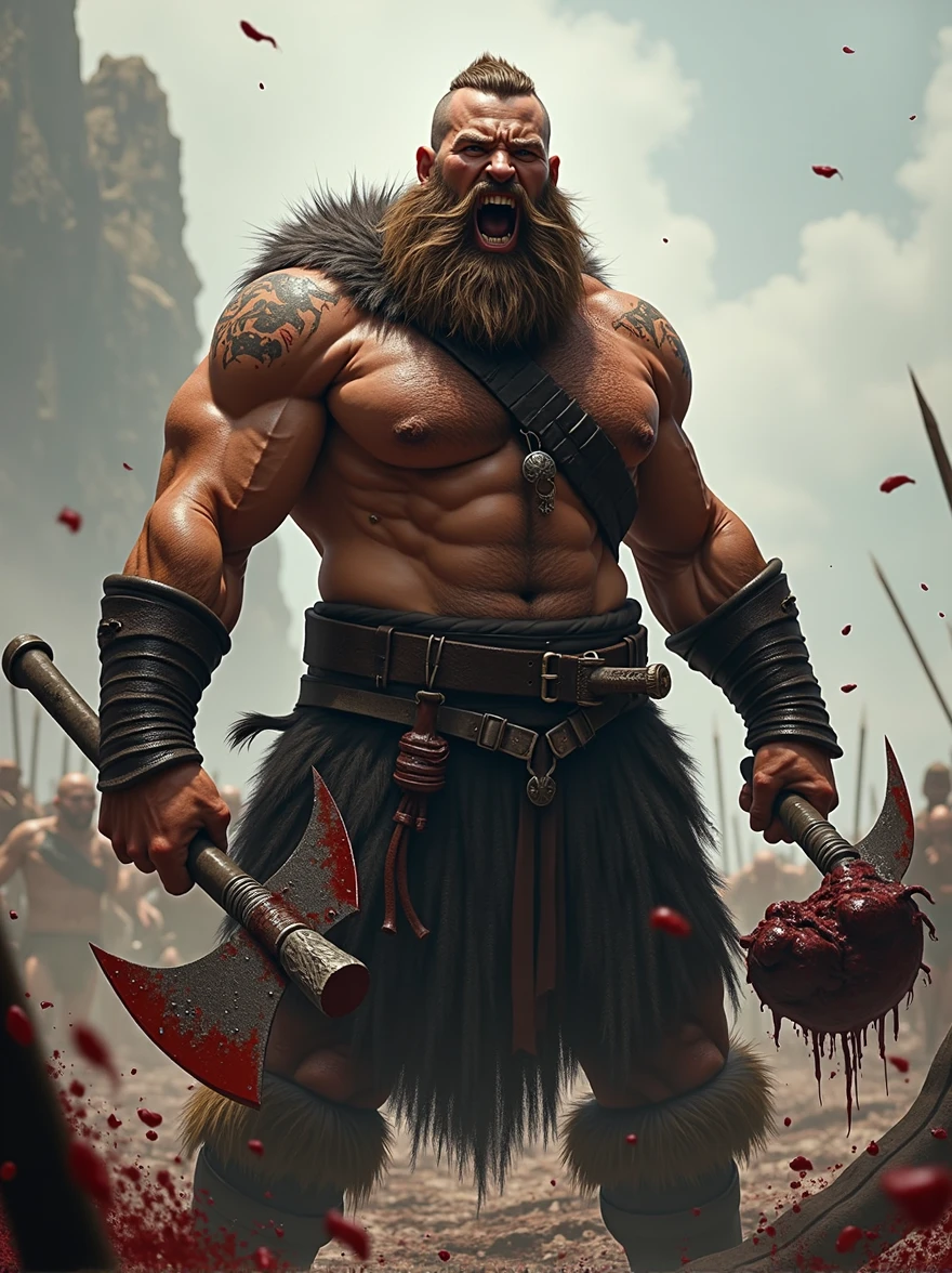 Muscular Viking Warrior, bearded, naked torso, wielding a bloody axe in one hand and the head of an enemy in the other. angry look, shouting victory, beard with blood