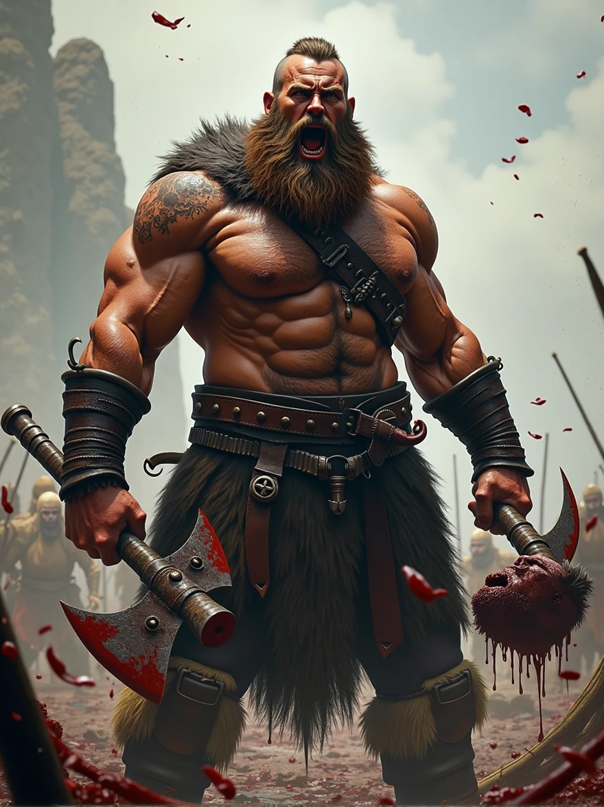 Muscular Viking Warrior, bearded, naked torso, wielding a bloody axe in one hand and the head of an enemy in the other. angry look, shouting victory, beard with blood